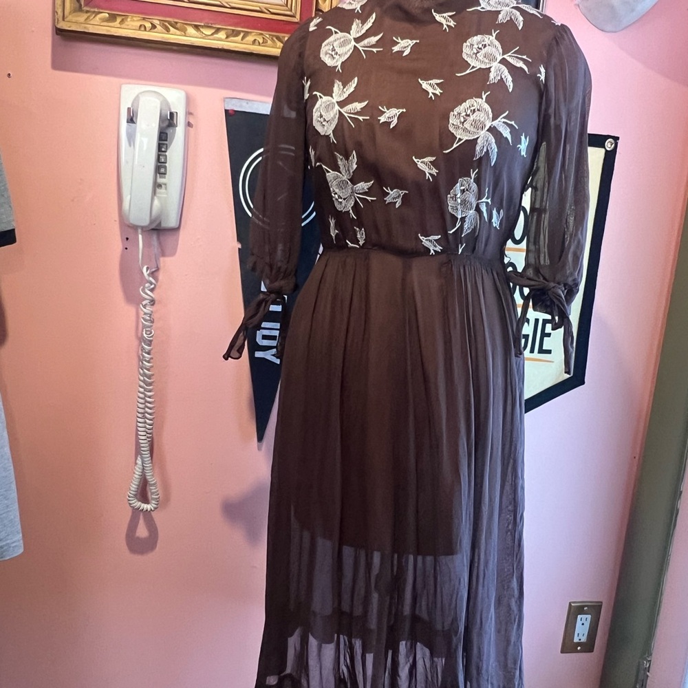 1940s Claire Tiffany Embroidered Sheer Brown Dress | Vintage Tea Dress